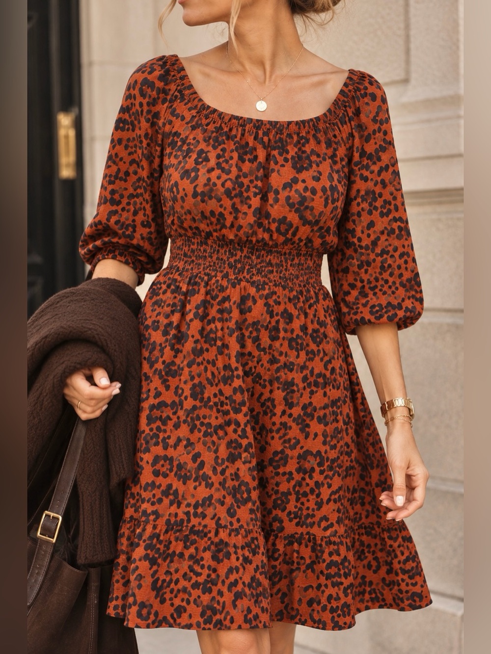 Rust Leopard Animal Print Smocked Midi Dress Size L